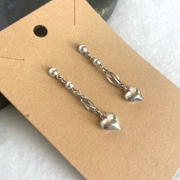 Sterling Silver 925 Dainty Petite Spiral Puffy Heart Dangle Drop Earrings - Picture 4 of 16